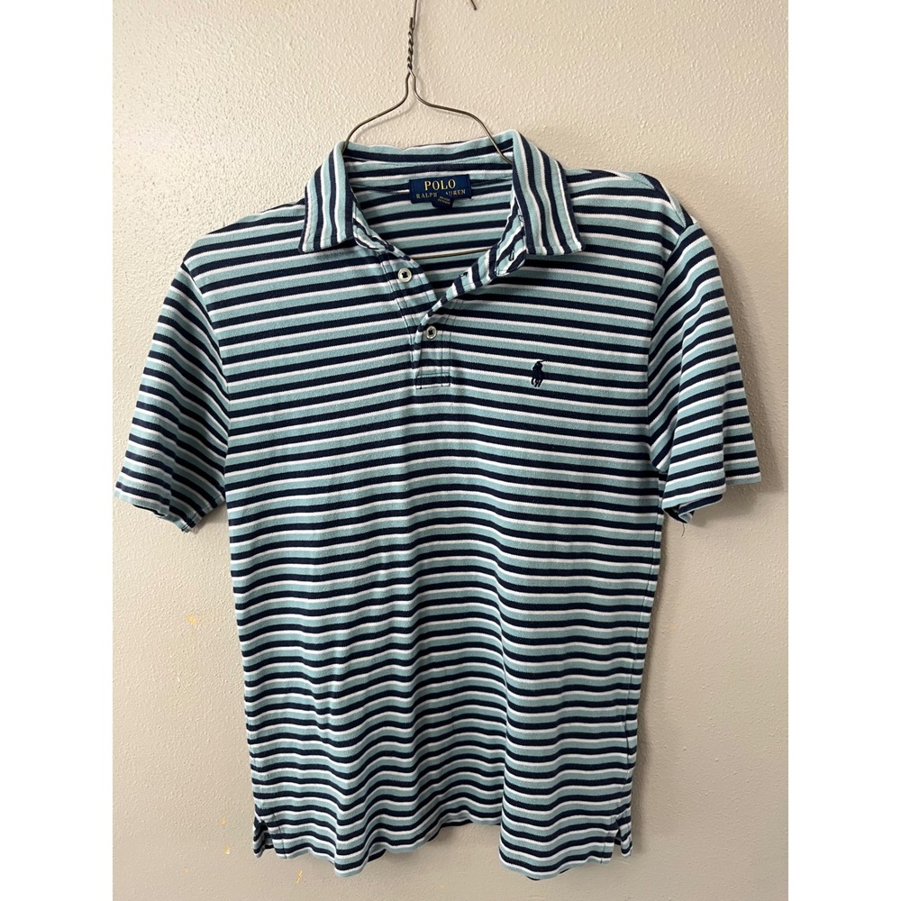 POLO RALPH LAUREN Striped Polo Shirt Boys L 14-16 Blue Navy Preppy Short Sleeve
